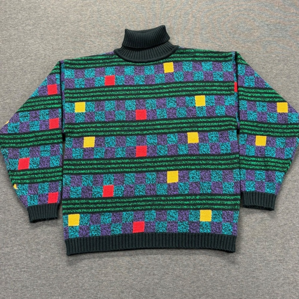 Cheryl Tiegs Sweater Womens S Turtleneck Checkerboard Colorblock Acrylic Black